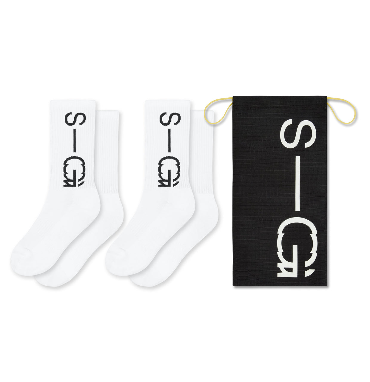 Two white socks with a logo and a black card with the same logo on a white background