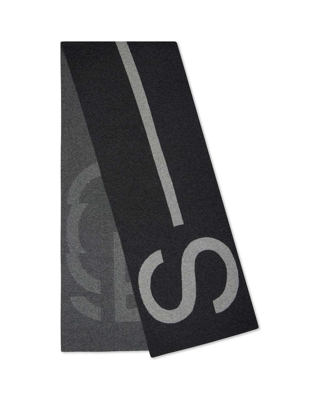 Extra large grey marl scarf in 100% Italian merino wool, showing tonal S-G logo detail.