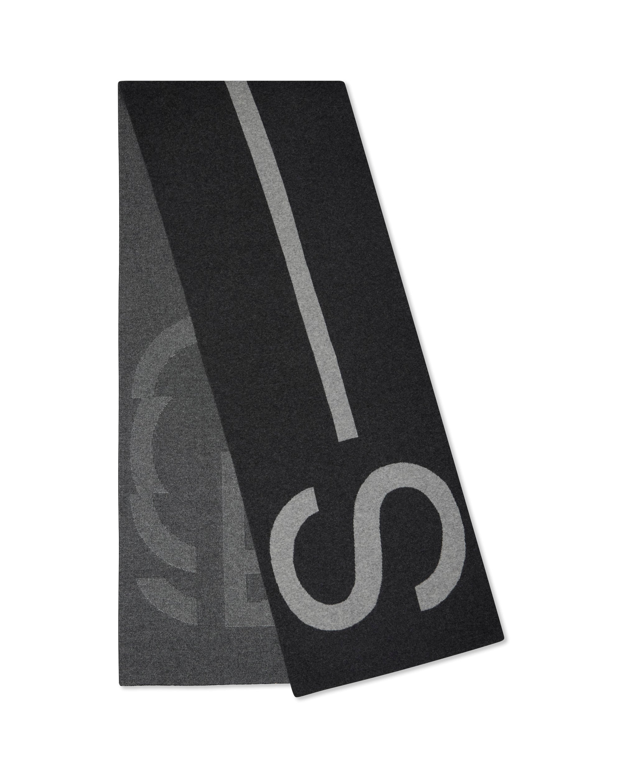 Extra large grey marl scarf in 100% Italian merino wool, showing tonal S-G logo detail.